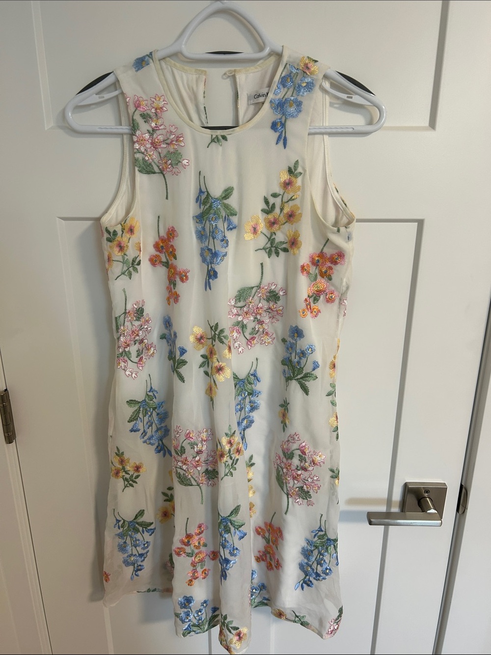 Calvin Klein Cream Midi Dress with Multicolor Floral Embroidery